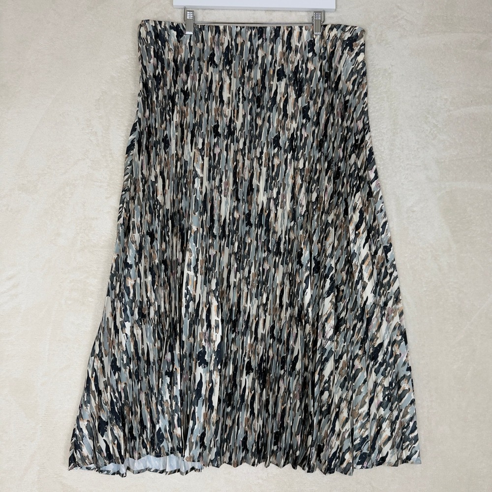 Eloquii Pleated Midi Skirt Neutral Abstract Print Flowy‎ Silky Chic Size 18